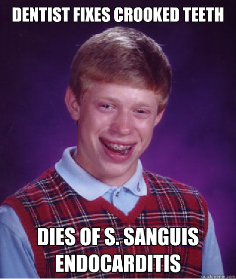 Dentist fixes crooked teeth Dies of S. sanguis endocarditis  Bad Luck Brian