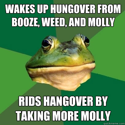 Wakes up hungover from booze, weed, and molly rids hangover by taking more molly  Foul Bachelor Frog