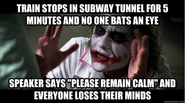 train stops in subway tunnel for 5 minutes and no one bats an eye speaker says 