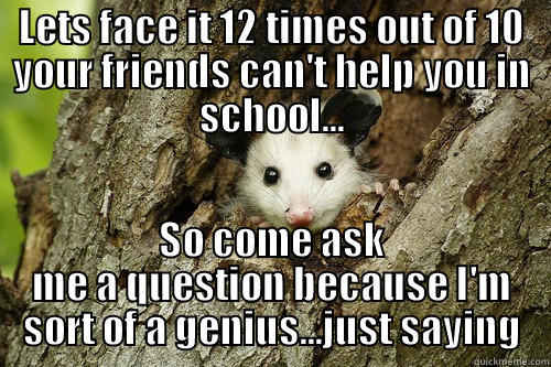 LETS FACE IT 12 TIMES OUT OF 10 YOUR FRIENDS CAN'T HELP YOU IN SCHOOL... SO COME ASK ME A QUESTION BECAUSE I'M SORT OF A GENIUS...JUST SAYING Misc