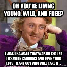 Oh you're living young, wild, and free? I was unaware that was an excuse to smoke cannibas and open your legs to any guy who will take it .. - Oh you're living young, wild, and free? I was unaware that was an excuse to smoke cannibas and open your legs to any guy who will take it ..  WILLY WONKA SARCASM