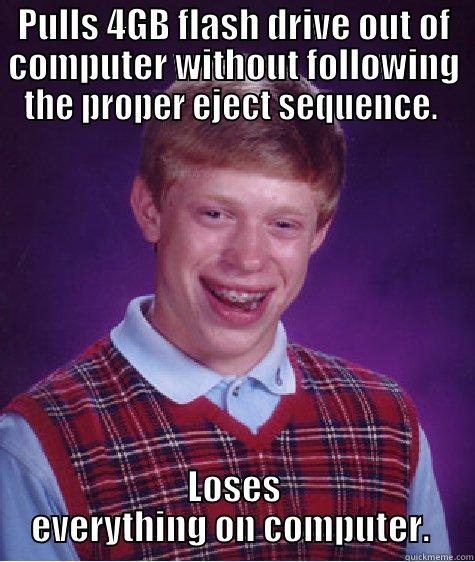 PULLS 4GB FLASH DRIVE OUT OF COMPUTER WITHOUT FOLLOWING THE PROPER EJECT SEQUENCE.  LOSES EVERYTHING ON COMPUTER.  Bad Luck Brian