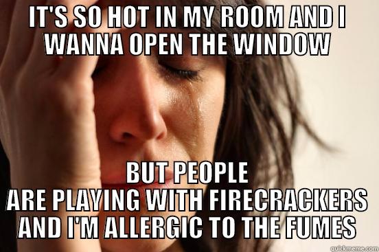IT'S SO HOT IN MY ROOM AND I WANNA OPEN THE WINDOW BUT PEOPLE ARE PLAYING WITH FIRECRACKERS AND I'M ALLERGIC TO THE FUMES First World Problems