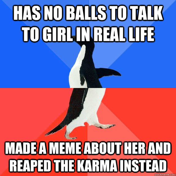 has no balls to talk to girl in real life made a meme about her and reaped the karma instead  Socially Awkward Awesome Penguin