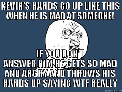 KEVIN'S HANDS GO UP LIKE THIS WHEN HE IS MAD AT SOMEONE! IF YOU DON'T ANSWER HIM HE GETS SO MAD AND ANGRY AND THROWS HIS HANDS UP SAYING WTF REALLY Y U No