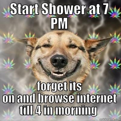 START SHOWER AT 7 PM FORGET ITS ON AND BROWSE INTERNET TILL 4 IN MORNING  Stoner Dog