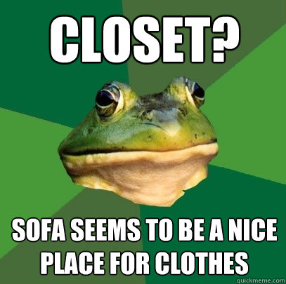 closet? sofa seems to be a nice place for clothes  Foul Bachelor Frog
