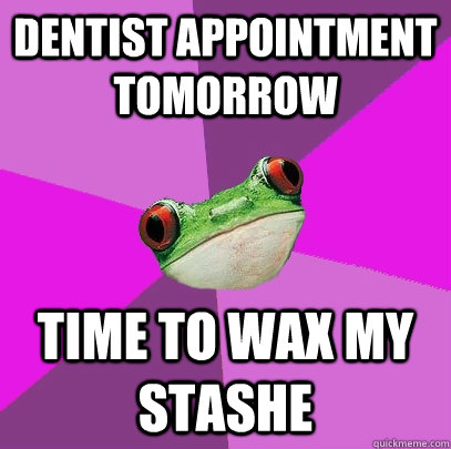dentist appointment tomorrow time to wax my stashe  Foul Bachelorette Frog