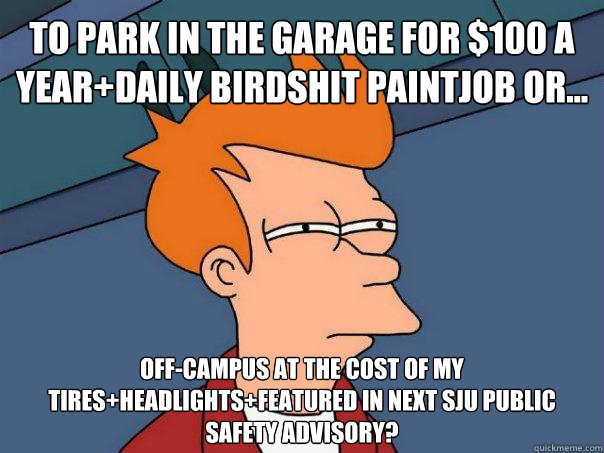 To park in the garage for $100 a year+daily birdshit paintjob or... off-campus at the cost of my tires+headlights+featured in next SJU public safety advisory? - To park in the garage for $100 a year+daily birdshit paintjob or... off-campus at the cost of my tires+headlights+featured in next SJU public safety advisory?  Futurama Fry