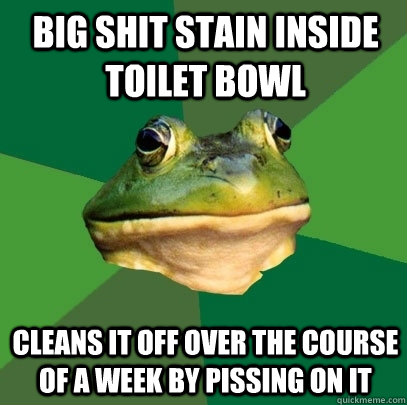 Big shit stain inside toilet bowl Cleans it off over the course of a week by pissing on it  Foul Bachelor Frog