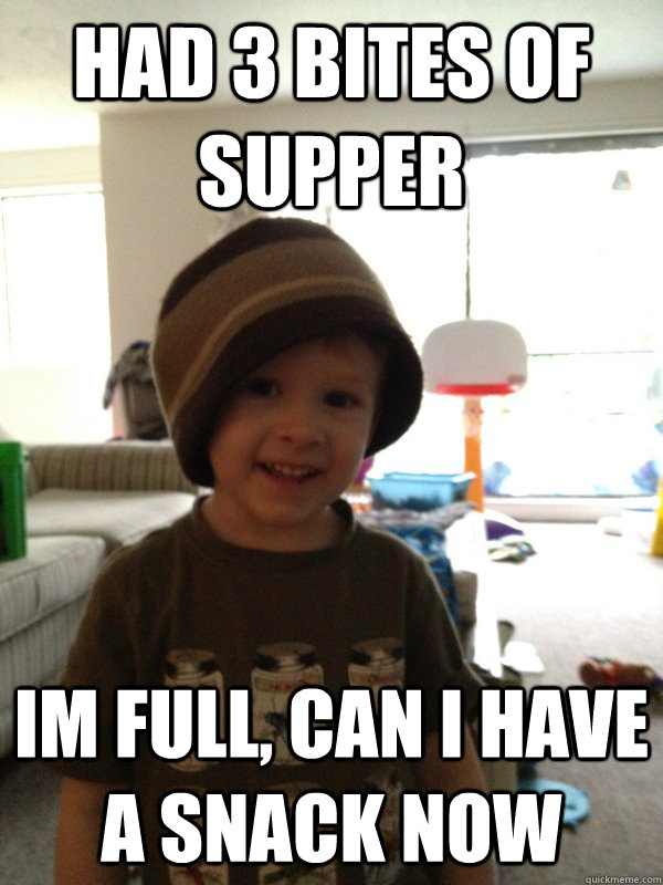 Had 3 bites of supper  Im Full, can i have a snack now  Scumbag Toddler