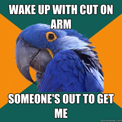 Wake up with cut on arm Someone's out to get me  Paranoid Parrot