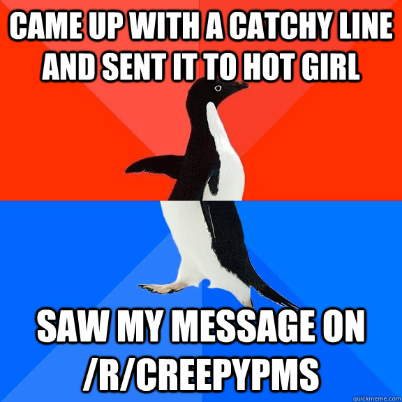 came up with a catchy line and sent it to hot girl saw my message on /r/creepypms  Socially Awesome Awkward Penguin
