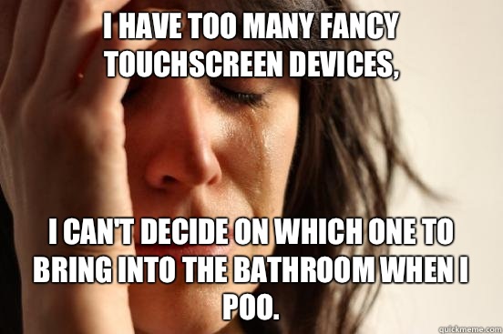 I have too many fancy touchscreen devices, I can't decide on which one to bring into the bathroom when I poo.  First World Problems