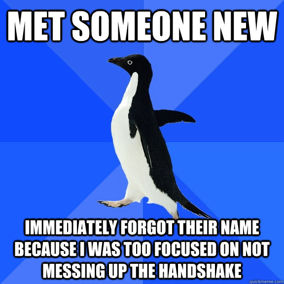 Met Someone New Immediately forgot their name because i was too focused on not messing up the handshake - Met Someone New Immediately forgot their name because i was too focused on not messing up the handshake  Socially Awkward Penguin