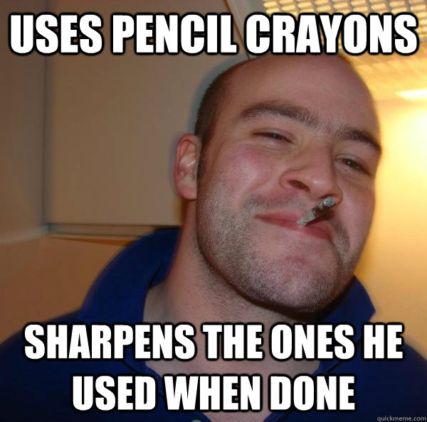 uses pencil crayons sharpens the ones he used when done - uses pencil crayons sharpens the ones he used when done  Misc