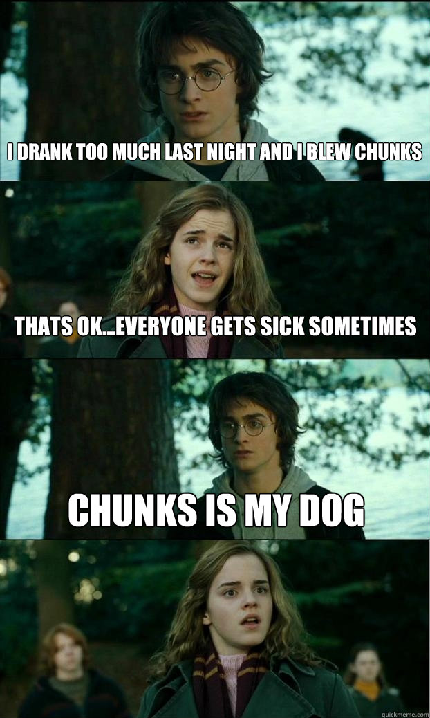 I drank too much last night and I blew chunks thats ok...everyone gets sick sometimes chunks is my dog  Horny Harry