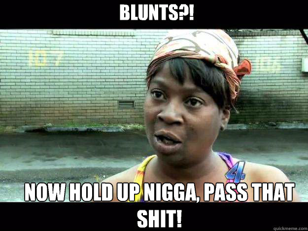 Blunts?! Now hold up nigga, pass that shit!  Sweet Brown - Hurricane Sandy Aint Nobody Got Time For That