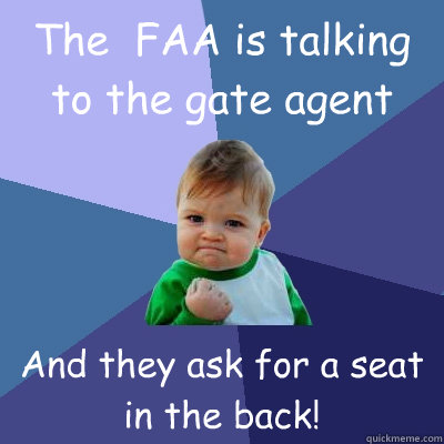 The  FAA is talking to the gate agent And they ask for a seat in the back!  Success Kid