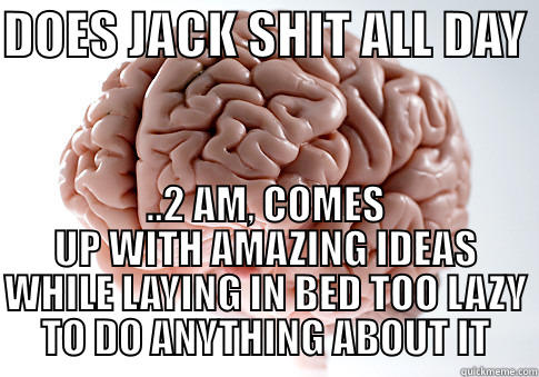 DOES JACK SHIT ALL DAY  ..2 AM, COMES UP WITH AMAZING IDEAS WHILE LAYING IN BED TOO LAZY TO DO ANYTHING ABOUT IT Scumbag Brain