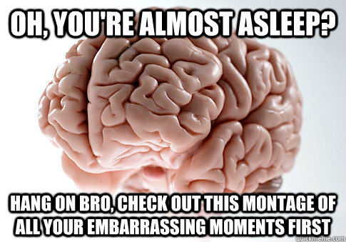 oh, you're almost asleep? hang on bro, check out this montage of all your embarrassing moments first  Scumbag Brain