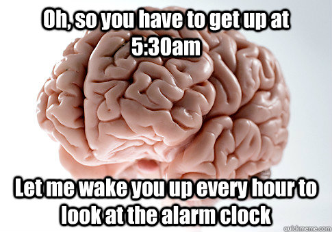 Oh, so you have to get up at 5:30am Let me wake you up every hour to look at the alarm clock   Scumbag Brain