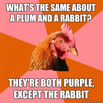 What's the same about a plum and a rabbit?  They're both purple, except the rabbit  Anti-Joke Chicken