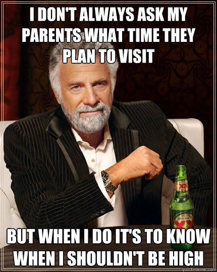 I don't always ask my parents what time they plan to visit but when i do it's to know when i shouldn't be high  The Most Interesting Man In The World