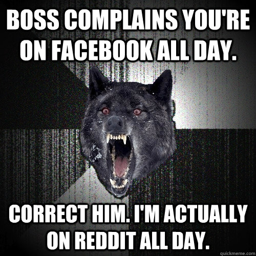 Boss complains you're on Facebook all day. Correct him. I'm Actually on Reddit all day.  Insanity Wolf