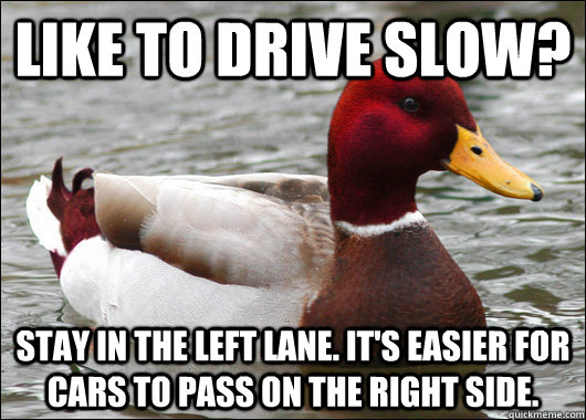 Like to drive slow? Stay in the left lane. it's easier for cars to pass on the right side.   Malicious Advice Mallard
