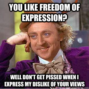 You like freedom of expression? Well don't get pissed when I express my dislike of your views  Condescending Wonka