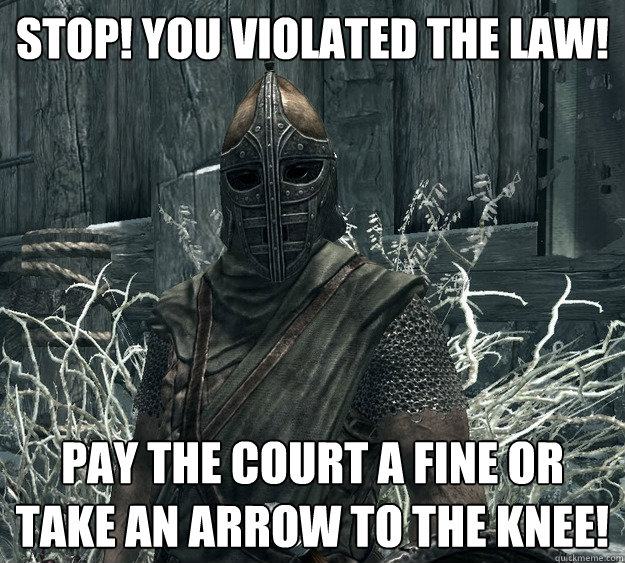 STOP! you violated the law! Pay the court a fine or take an arrow to the knee!  Skyrim Guard