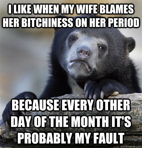 I like when my wife blames her bitchiness on her period Because every other day of the month it's probably my fault  Confession Bear