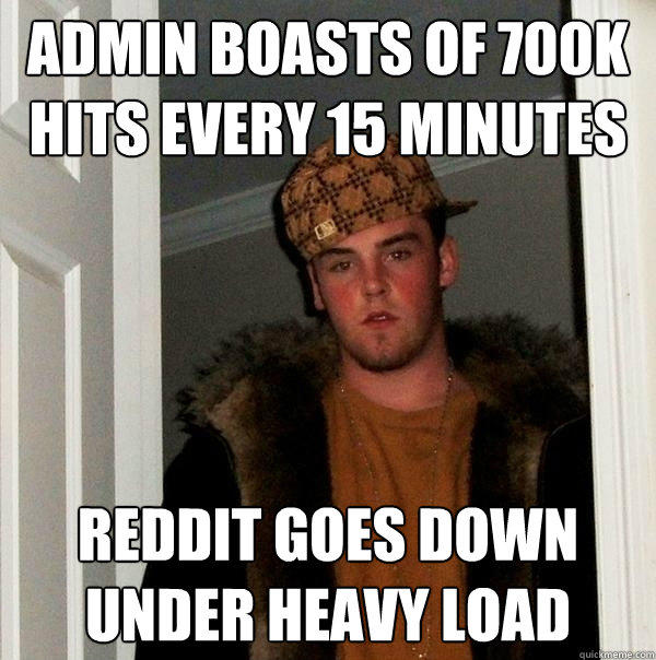 admin boasts of 700k hits every 15 minutes reddit goes down under heavy load  Scumbag Steve