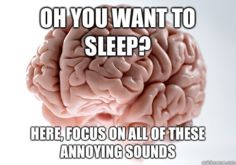 Oh you want to sleep? Here, focus on all of these annoying sounds  Scumbag Brain