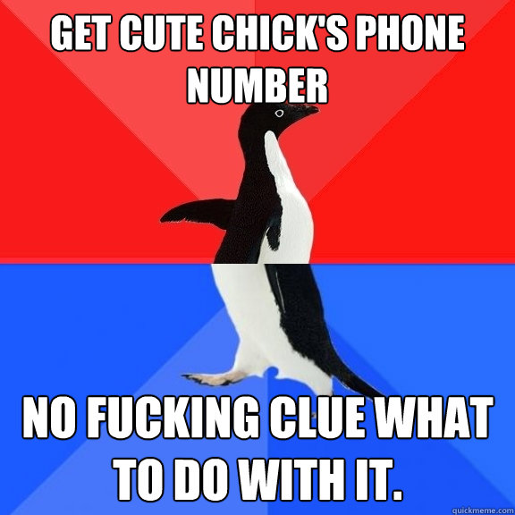 Get cute chick's Phone number No fucking clue what to do with it.   Socially Awksome Penguin