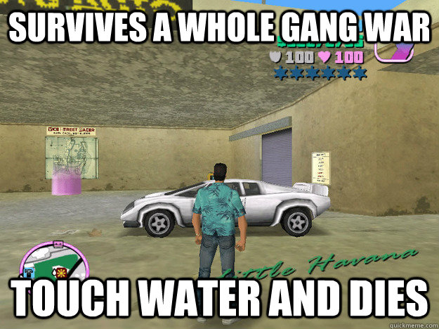Survives A Whole Gang War Touch water and Dies Caption 3 goes here  GTA LOGIC