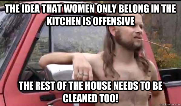 The idea that women only belong in the kitchen is offensive The rest of the house needs to be cleaned too!  Almost Politically Correct Redneck