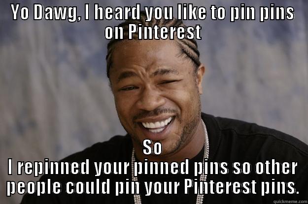 YO DAWG, I HEARD YOU LIKE TO PIN PINS ON PINTEREST SO I REPINNED YOUR PINNED PINS SO OTHER PEOPLE COULD PIN YOUR PINTEREST PINS. Xzibit meme