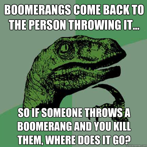 Boomerangs come back to the person throwing it... So if someone throws a boomerang and you kill them, where does it go?  Philosoraptor