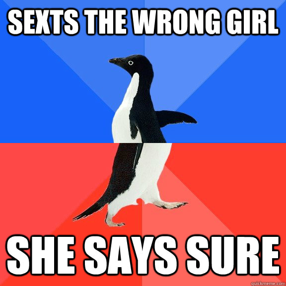 Sexts the wrong girl She says sure  Socially Awkward Awesome Penguin