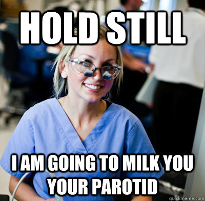 Hold still  I am going to milk you your parotid  overworked dental student