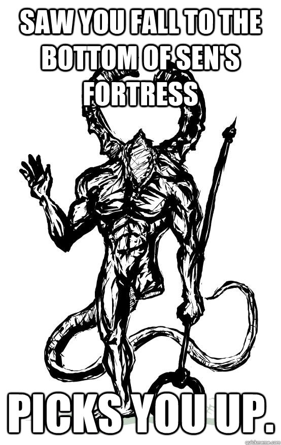 Saw you fall to the bottom of sen's fortress Picks you up.  