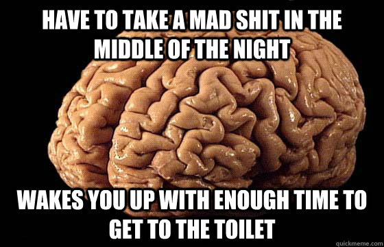 Have to take a mad shit in the middle of the night Wakes you up with enough time to get to the toilet  