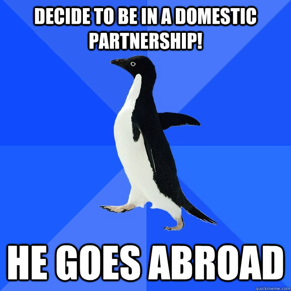 decide to be in a domestic partnership! he goes abroad  Socially Awkward Penguin
