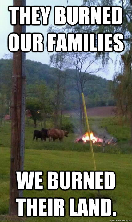 They burned our families We burned their land.   Evil cow redux
