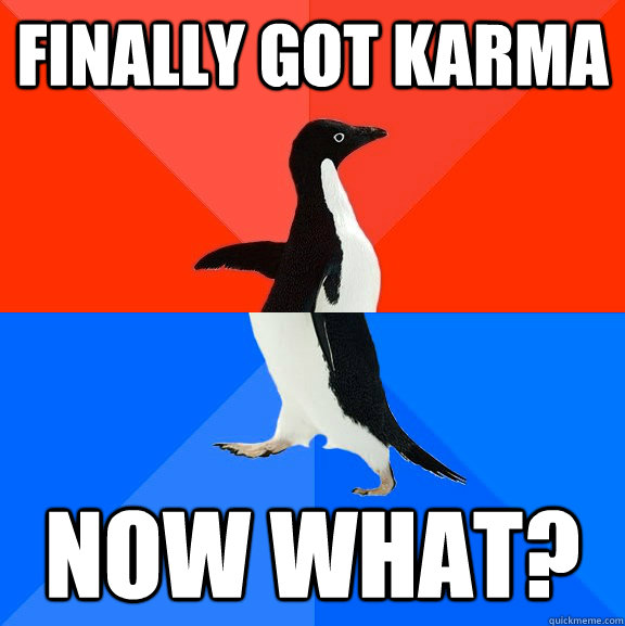 Finally got karma now what?  Socially Awesome Awkward Penguin