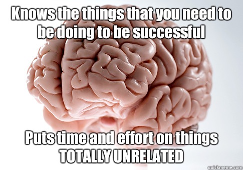 Knows the things that you need to be doing to be successful  Puts time and effort on things TOTALLY UNRELATED   Scumbag Brain