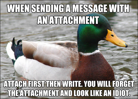 when sending a message with an attachment Attach First then write. You will forget the attachment and look like an idiot.  Actual Advice Mallard