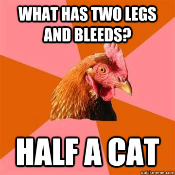 What has two legs and bleeds? Half a cat - What has two legs and bleeds? Half a cat  Misc